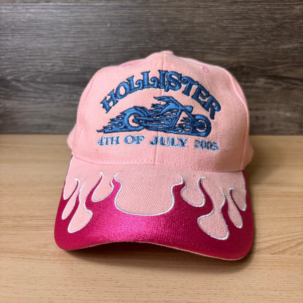 Hollister Biker Rally Hat Cap Strap Back Womens Pink Motorcycle 4th Of July